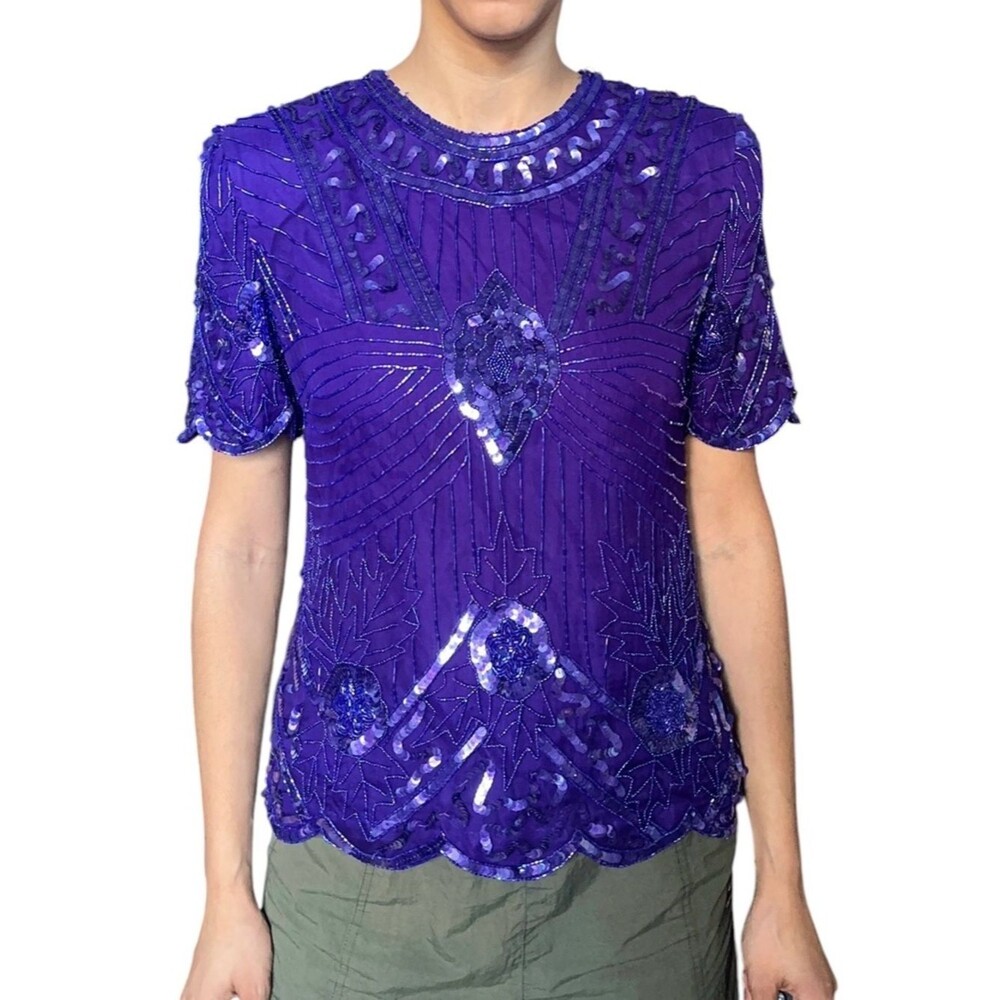 Laurence Kazar Vintage 100% Silk Hand Beaded Sequin Purple Top Art Deco